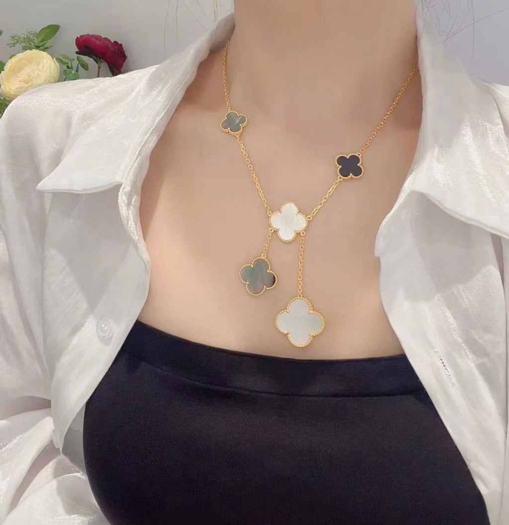 TimiCLOVER 6 MOTIF MOP ONYX GOLD NECKLACE