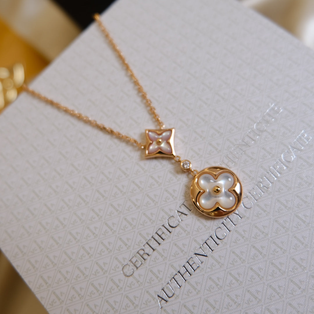 TimiSTAR AND SUN WHITE MOP 2 MOTIF PINK GOLD NECKLACE