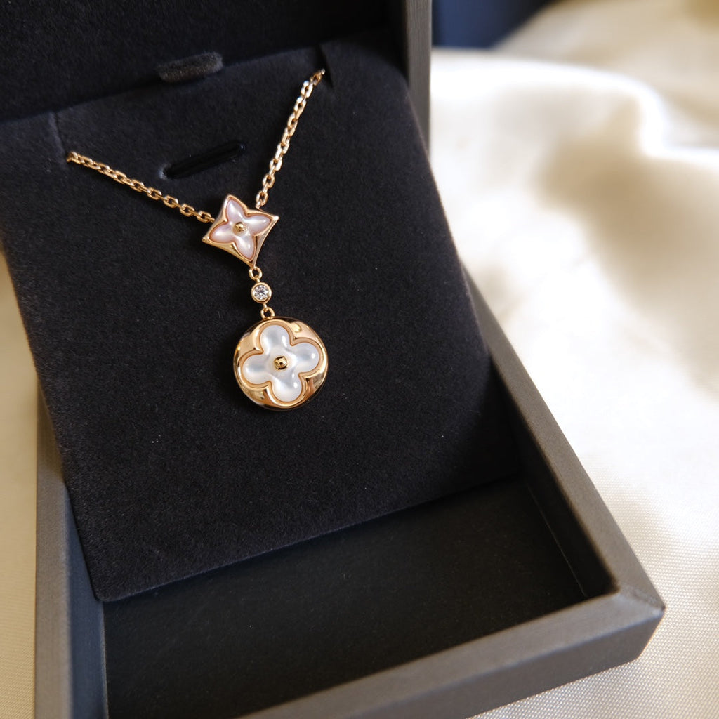 TimiSTAR AND SUN WHITE MOP 2 MOTIF PINK GOLD NECKLACE