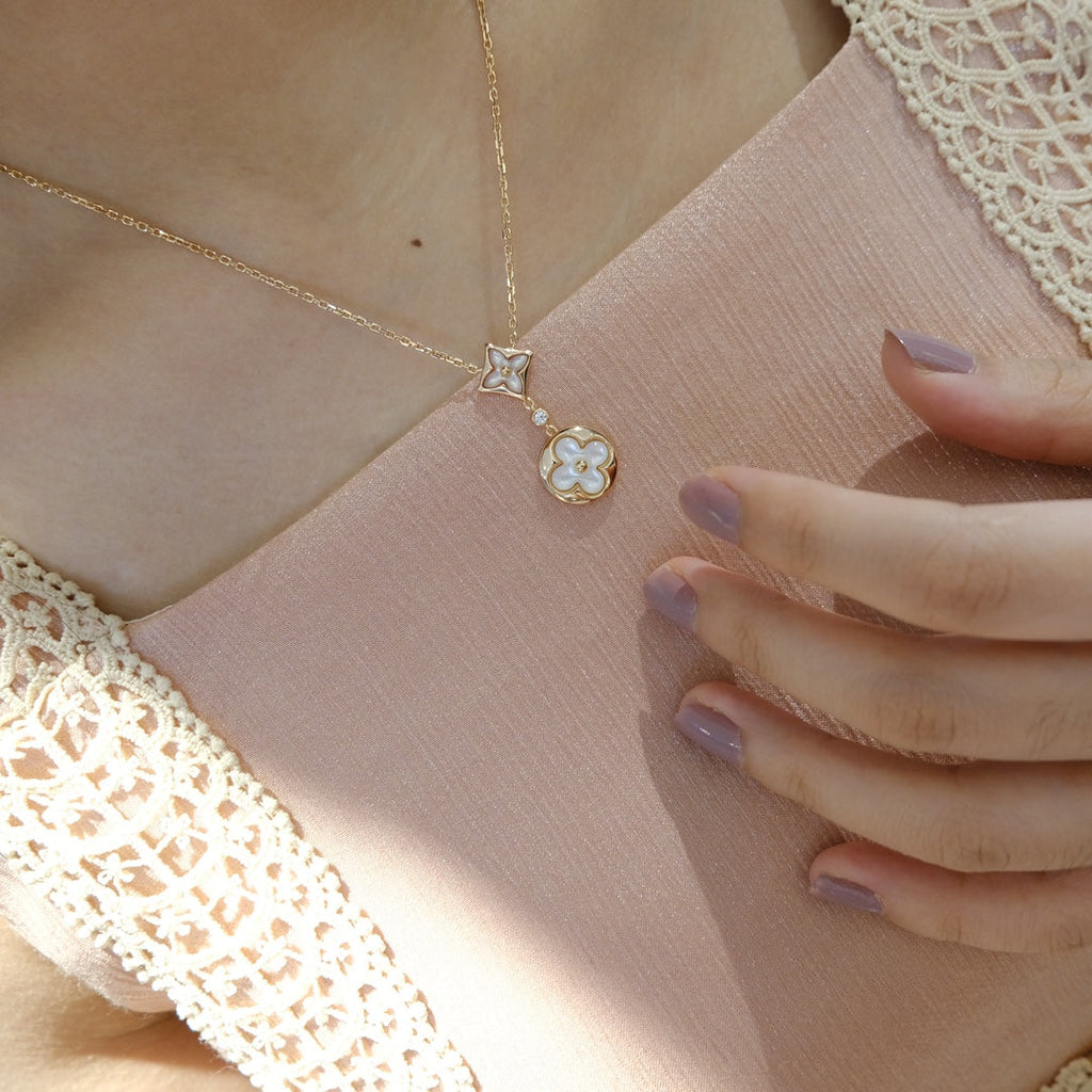TimiSTAR AND SUN WHITE MOP 2 MOTIF PINK GOLD NECKLACE
