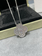 TimiCLOVER 25MM LARGE PENDANT DIAMOND PAVED SILVER NECKLACE