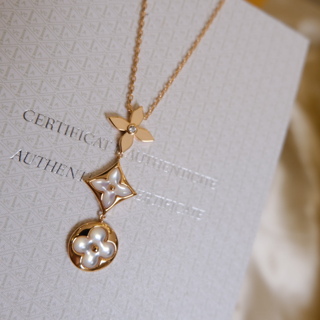 TimiCOLOR BLOSSOM LARIAT NECKLACE PINK GOLD WHITE MOTHER PEARL AND DIAMOND